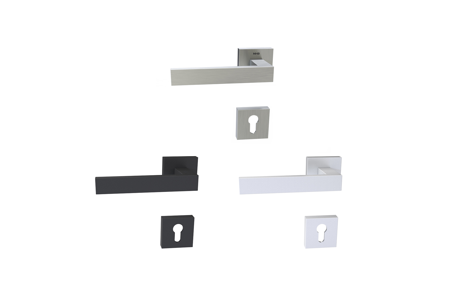 3d rendering overview of MHB steel handles and escutcheons in different finishes
