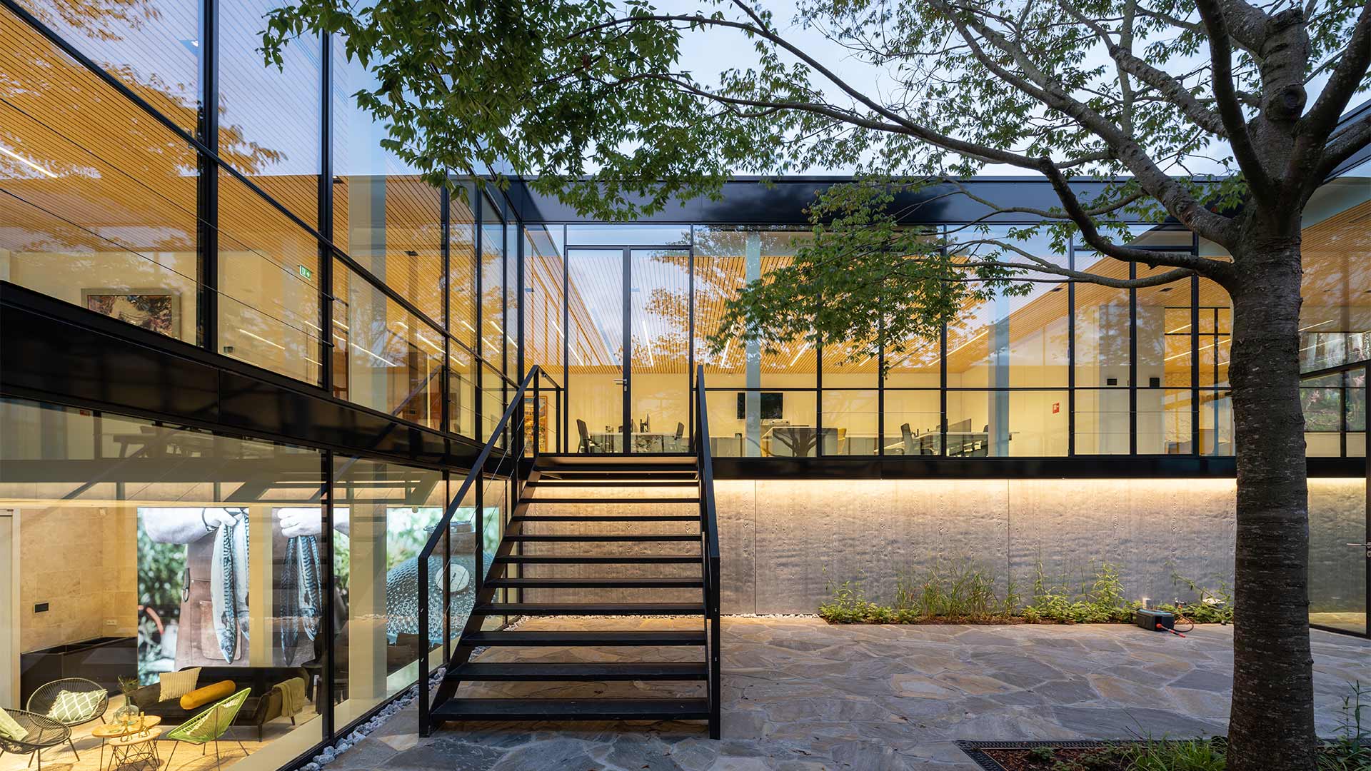 A building with glass walls and a tree